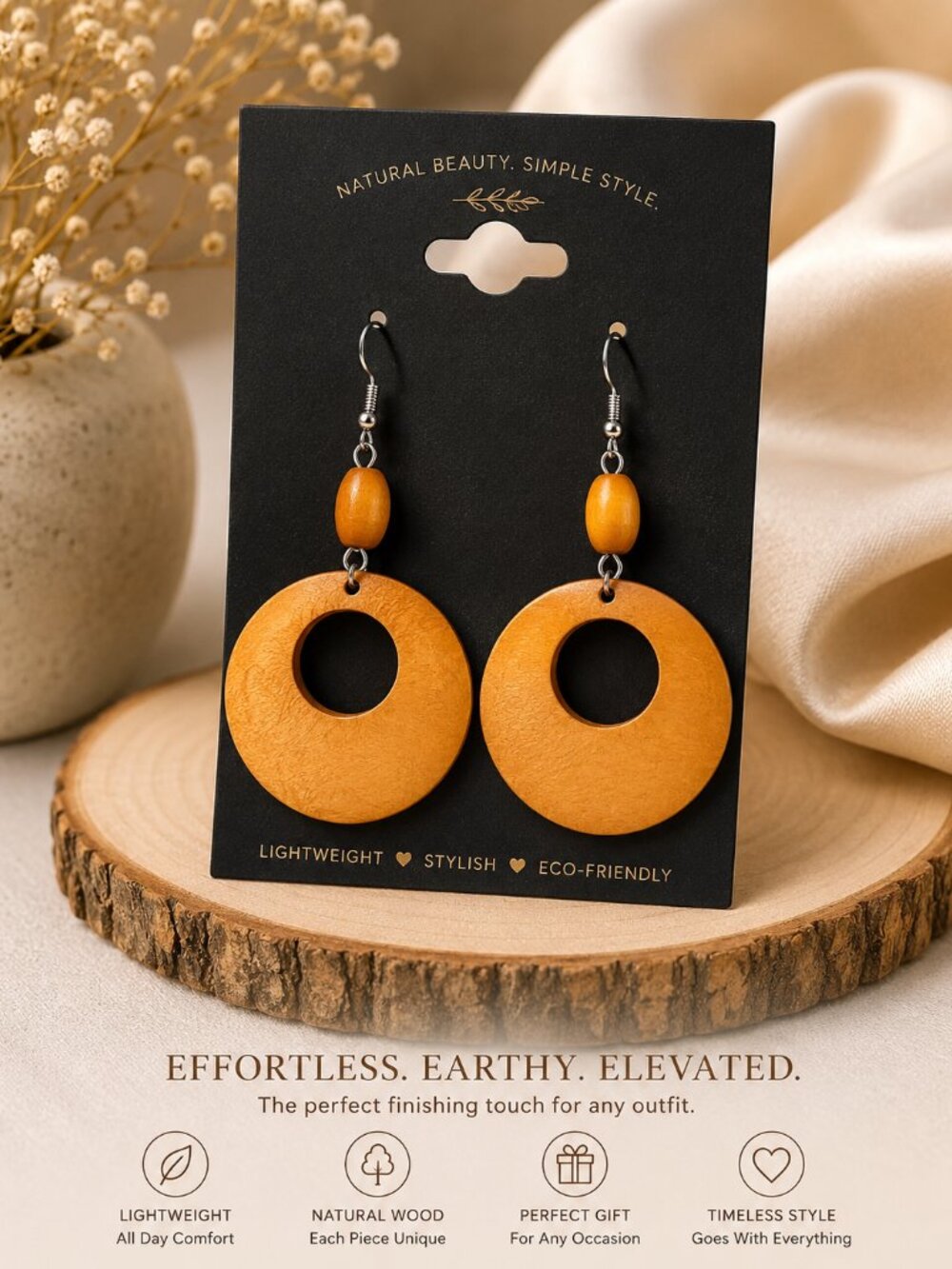 🤎 Lightweight Wooden Hoop Earrings | Boho Natural Wood Statement Earrings | Han